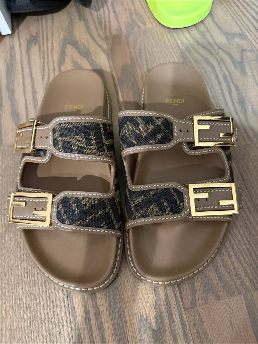 Fendi Women’s Brown FF Logo Leather Slide Sandals